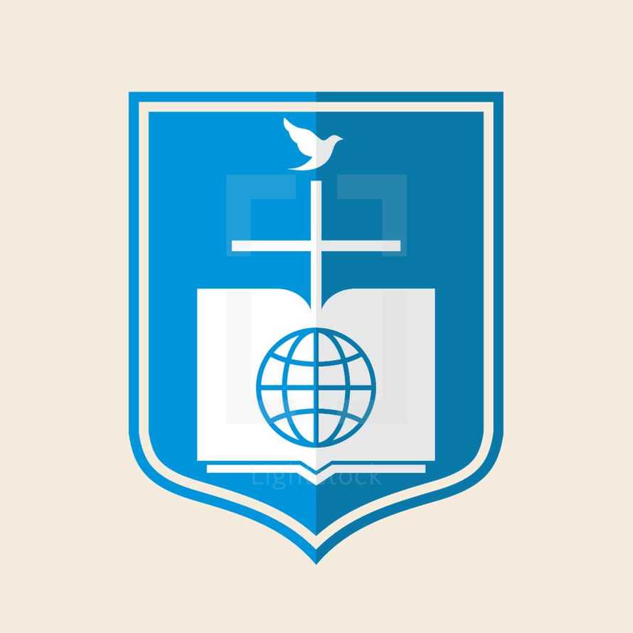 shield, cross, globe, Bible, dove, pages, missions 