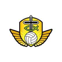 volleyball and cross on a shield with wings 