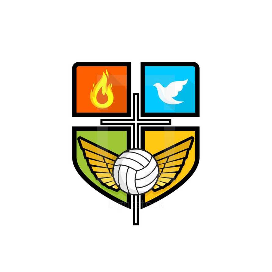 sports, volleyball, cross, shield, flames, and dove icon 