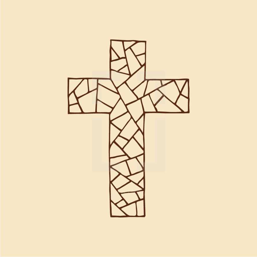 The cross of the Lord and Savior Jesus Christ, made in the technique of mosaic, hand-drawn. Christian and biblical symbols.