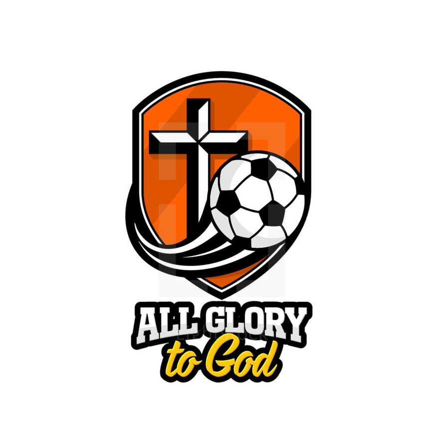 all glory to God, and soccer ball on a shield 