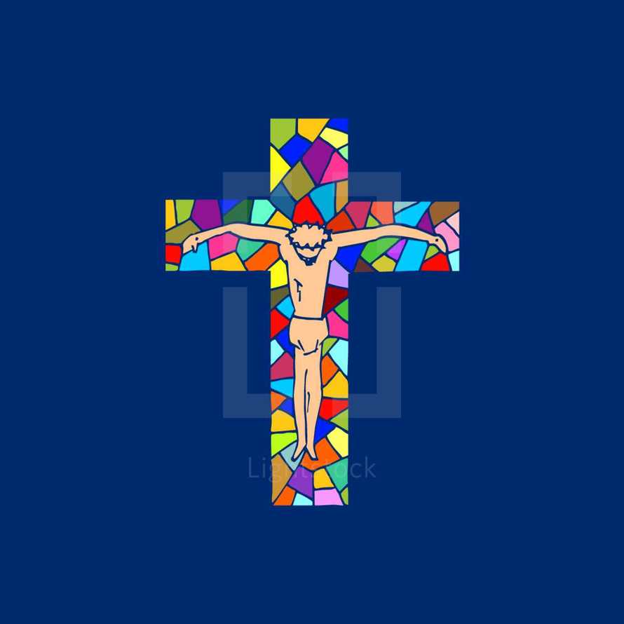 Lord Jesus on the cross. Cross drawn by hand. Mosaic style. Christian and biblical symbols.