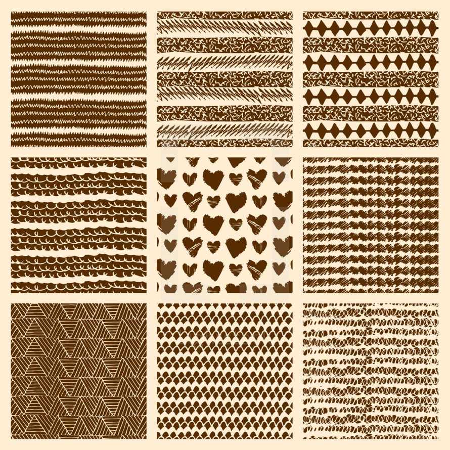 Vector set of hand drawn seamless patterns made with ink. Freehand textures for fabric, polygraphy, web design.