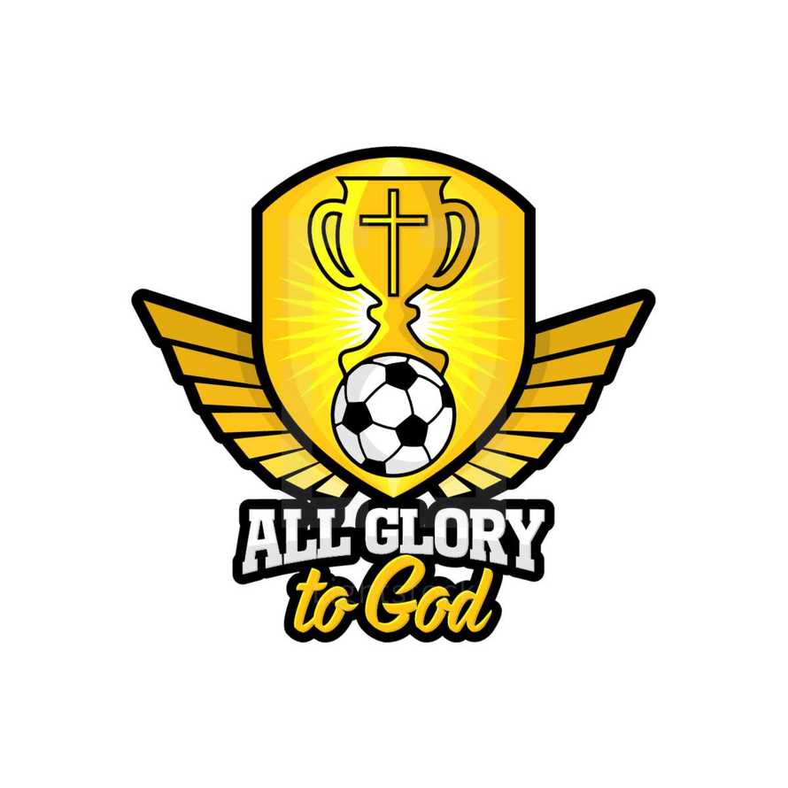 all glory to god and soccer ball on a shield with wings 