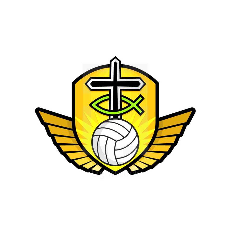 volleyball and cross on a shield with wings 
