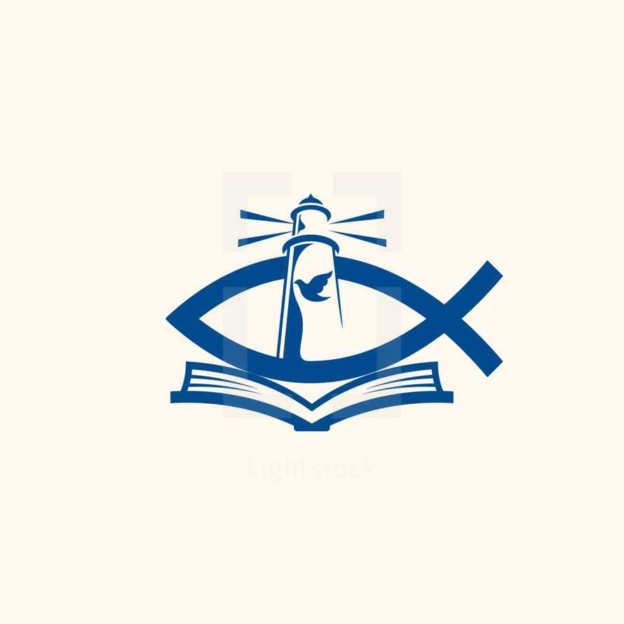 lighthouse, Jesus fish, Bible, icon
