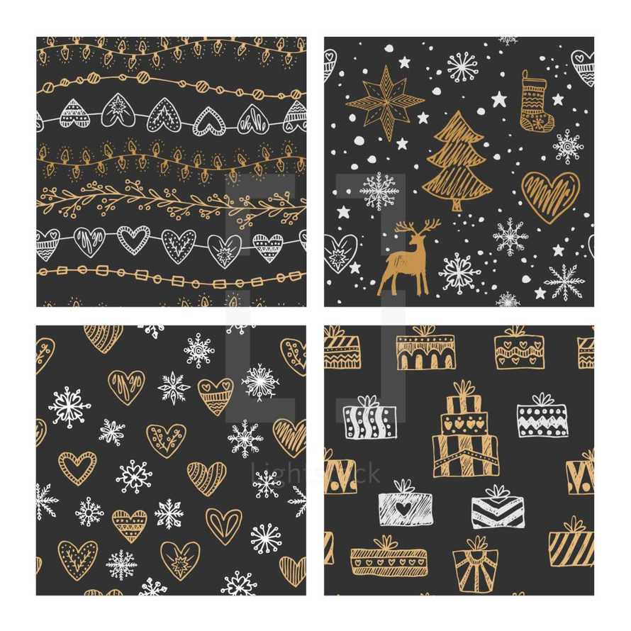 Beautiful seamless Christmas and winter patterns, drawn by hand. Many festive elements and patterns. Vector graphics and illustration.