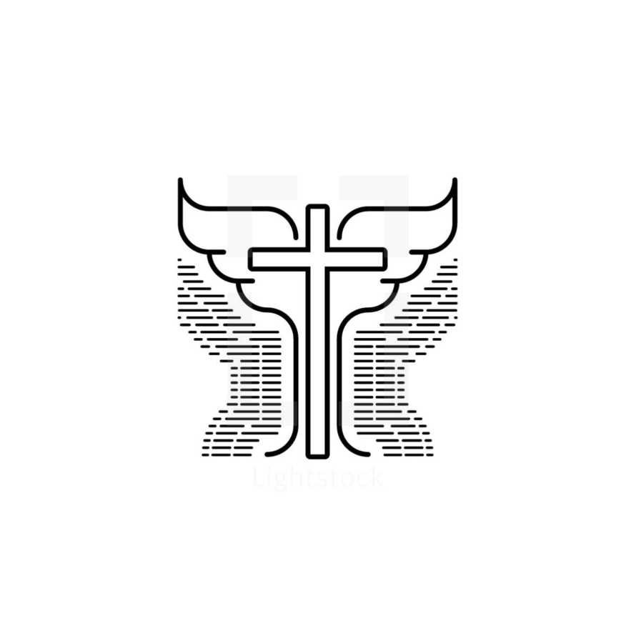 Church logo. Christian symbols. The cross of Jesus Christ and the wings of the Lord