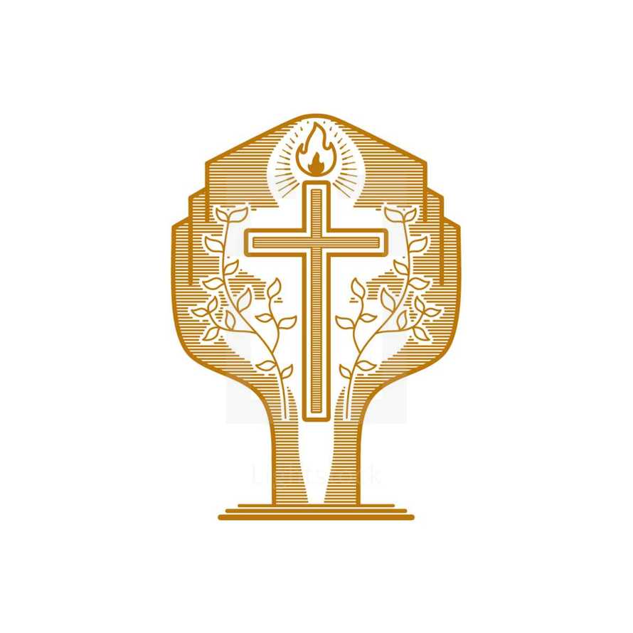 Church logo. Christian symbols. The cross of Jesus and the flame of the Holy Spirit against the background of the tree of eternal life.
