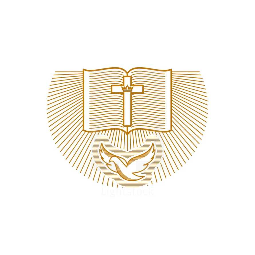 Church logo. Christian symbols. The open Bible, the cross of Jesus Christ, and the dove is the symbol of the spirit.