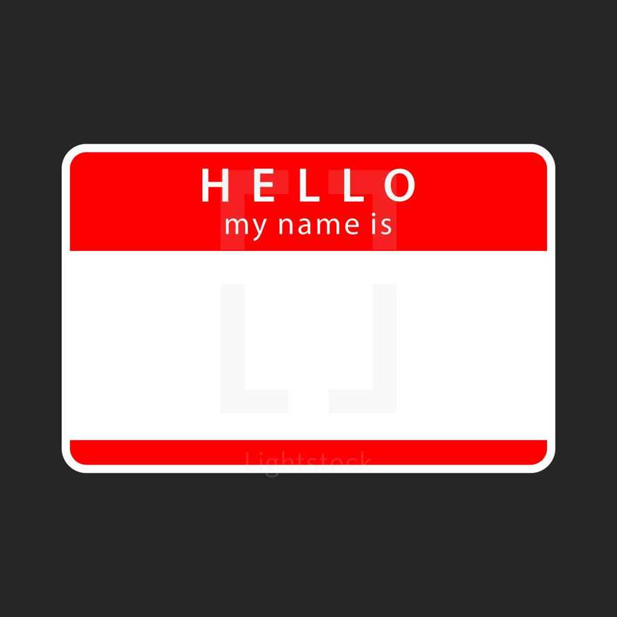 Hello my name is empty sticker. Red blank name tag badge is rounded rectangular shape. A name tag is a badge or sticker that is required to display the owner's name for other people to view. Quick and easy recolorable shape isolated from the dark gray background. The design graphic element saved as a vector illustration in the EPS file format for used in your design projects. 