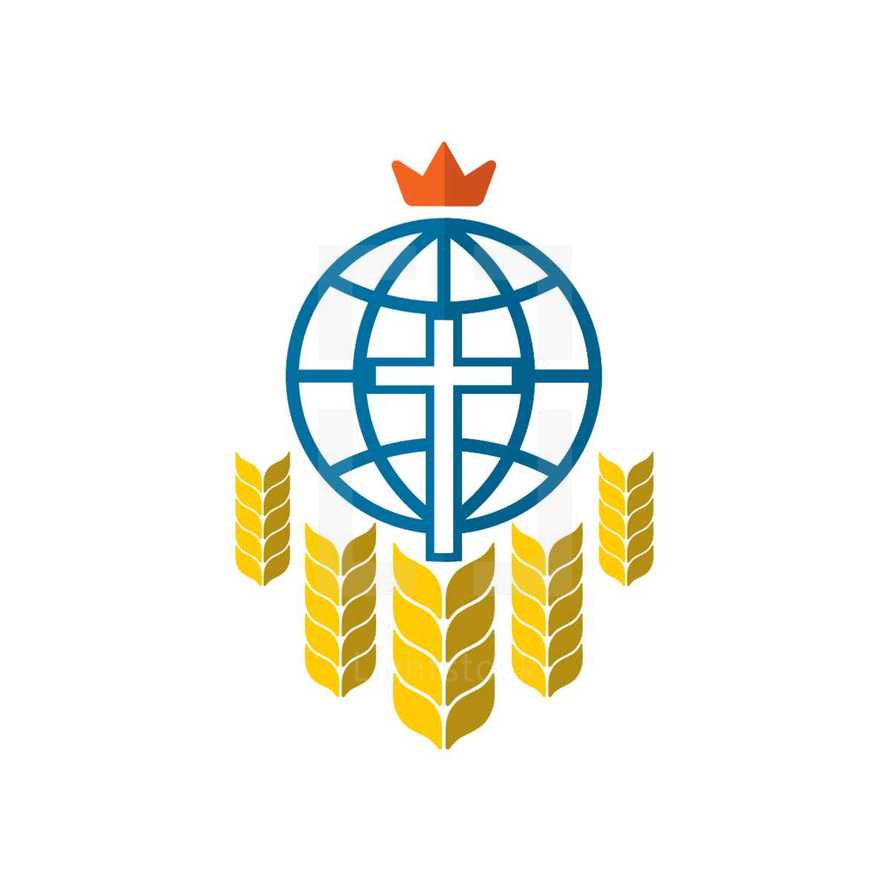 wheat, globe, cross, and crown 