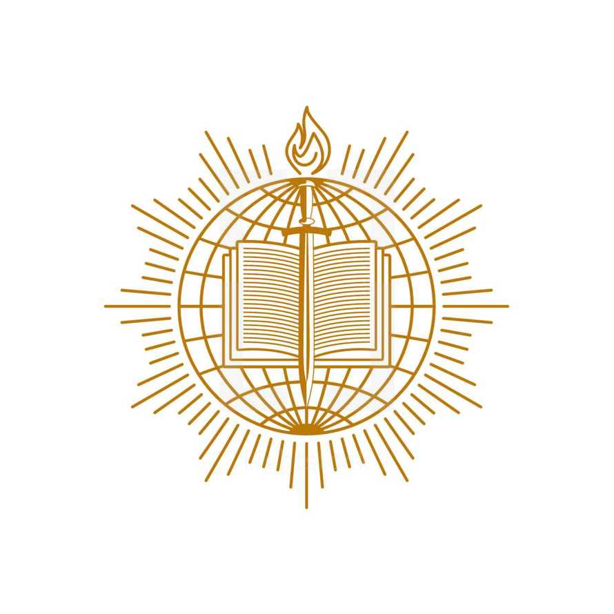 Church logo. Christian symbols. An open bible, sword and flame against the backdrop of the world.