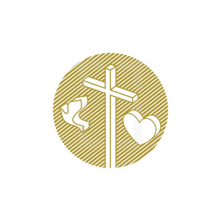 Church logo. Christian symbols. Jesus cross, heart and dove