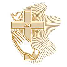 praying hands, dove, and cross with alpha and omega 
