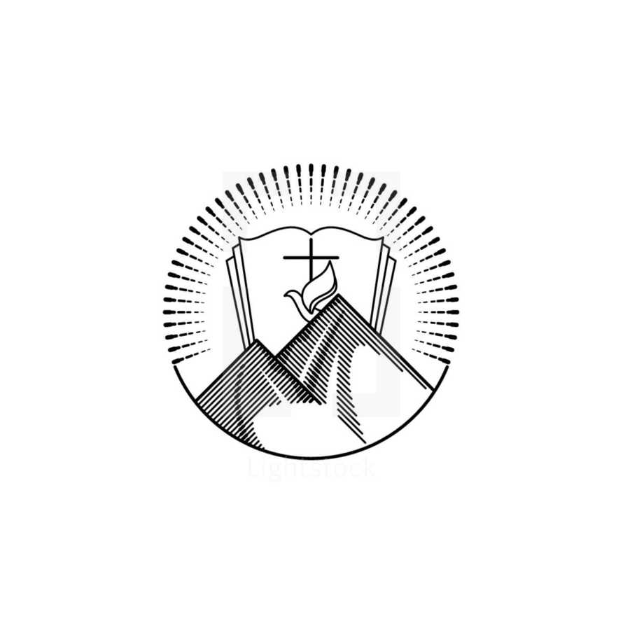 Church logo. Christian symbols. Cross of the Savior Jesus Christ and the dove, an open Bible against the backdrop of the mountains.