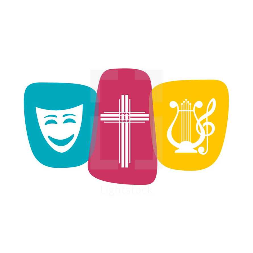 mask, cross, and harp logo 