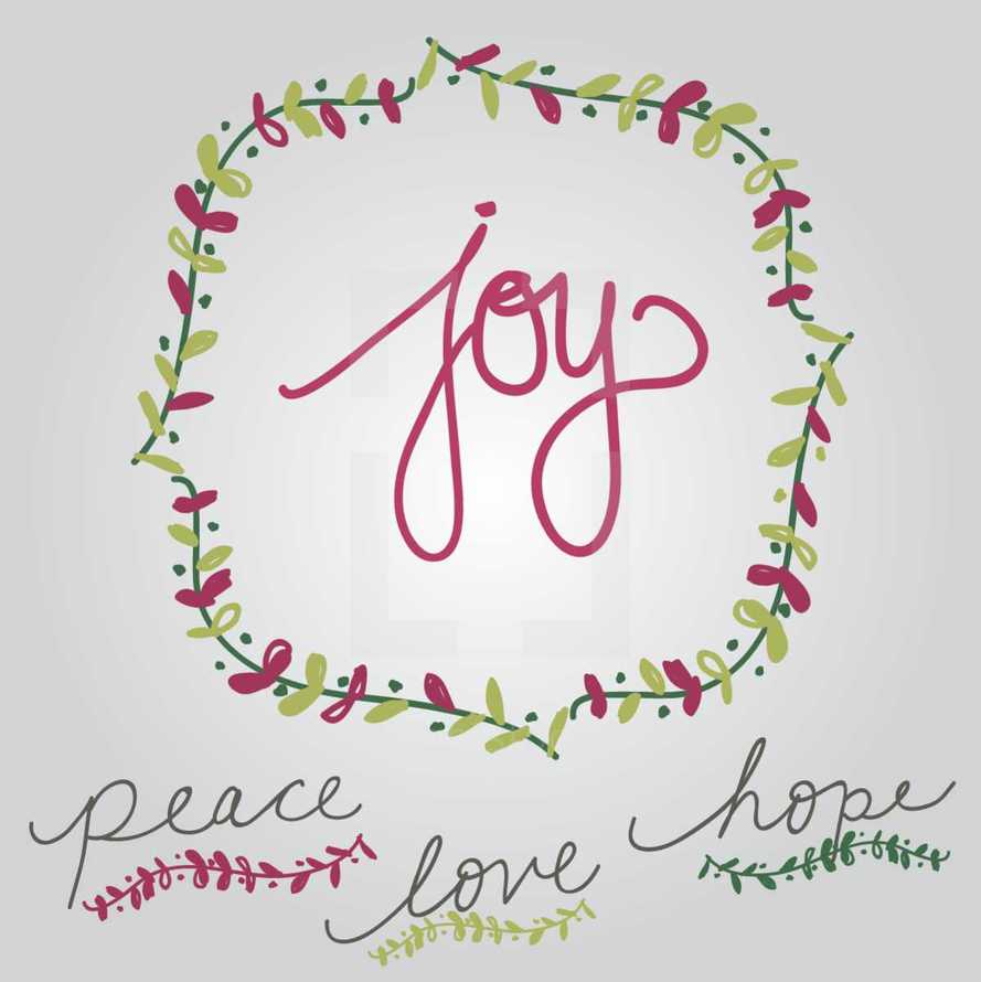 joy, peace, love, hope, border, vines 