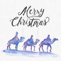 Water color illustration with Merry Christmas hand lettering with three wise men on camels.  Water color texture background.