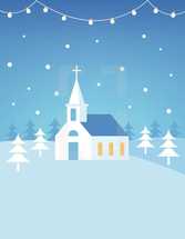 Christian Church Building and Snowy Hills Christmas Card or Poster