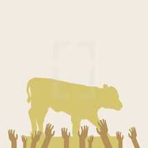 golden calf and reaching arms illustration.