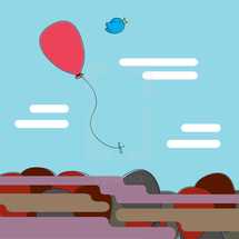 balloon, bird, helium balloon, sky, clouds, floating away 