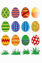 A lot of colorfully painted Easter eggs with different patterns. 
