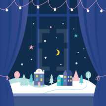 Winter Holidays Window Decorations. Snowy Town at Night