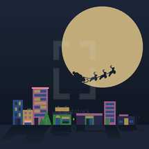 Santa's sleigh over a city 