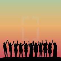 silhouette of women with raised hands. 