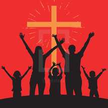 family with raised hands and a cross