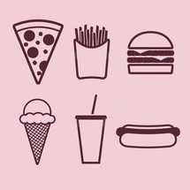 fast food, ice cream cone, ice cream, soda, hotdog, cup, pizza slice, pizza, french fries, fries, hamburger, fountain drink, icons, food