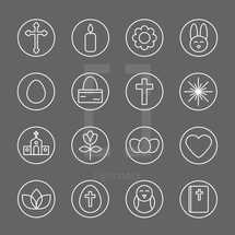 Simple line icons for Easter: cross, church, Bible, egg, flower, heart, bunny, bird, candle, basket, resurrection life.