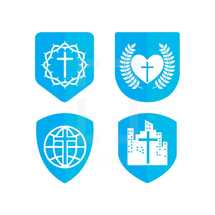 white and blue shield logos