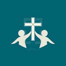 silhouettes of people holding up a cross 