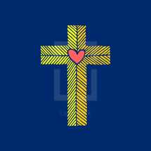 Cross of the Lord and Savior Jesus Christ with a heart, drawn by hand. Christian and biblical symbols.