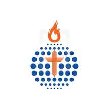 globe, tongue of fire, flame, cross, missions, logo, spirituality, icon