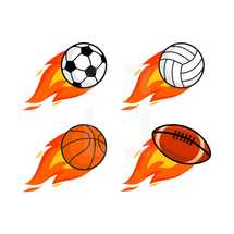 basketball, soccer ball, football, volleyball, with flames 