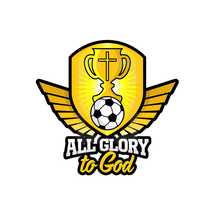 all glory to god and soccer ball on a shield with wings 