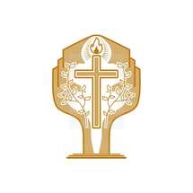 Church logo. Christian symbols. The cross of Jesus and the flame of the Holy Spirit against the background of the tree of eternal life.