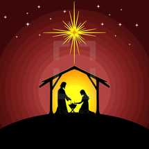 Biblical illustration. Christmas story. Mary and Joseph with the baby Jesus. Nativity scene near the city of Bethlehem.