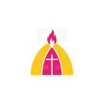 cross, flame, red, white, yellow icon