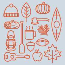 pumpkin, apple, guitar, camping, leaves, acorn, football, fall, lantern, hot cocoa, coffee, mug, log, firewood, ax, canoe, paddle 