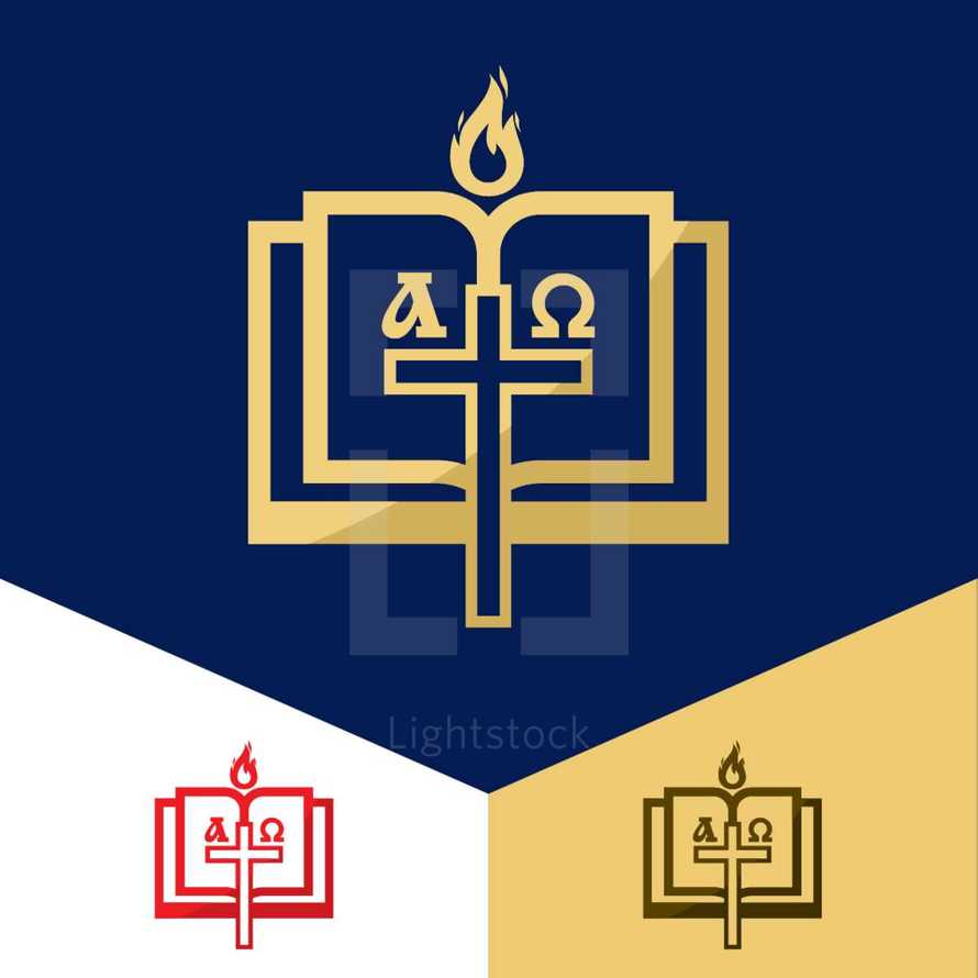 tongue of fires, alpha and omega, cross, Bible, pages, icon, logo