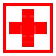 First Aid Symbol or The Red Cross symbol. Red medical sign in square frame on white background is created in trendy flat style. The graphic element for design saved as a vector illustration in the EPS file format.