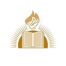 Church logo. Christian symbols. An open Bible and a dove against the backdrop of the sun shines.