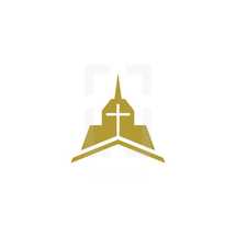 Church logo. Christian symbols. Cross of the Savior Jesus on the background of the building