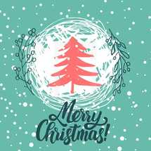 Christmas trees covered with snow, snowflakes, patterns, lettering - Merry Christmas.