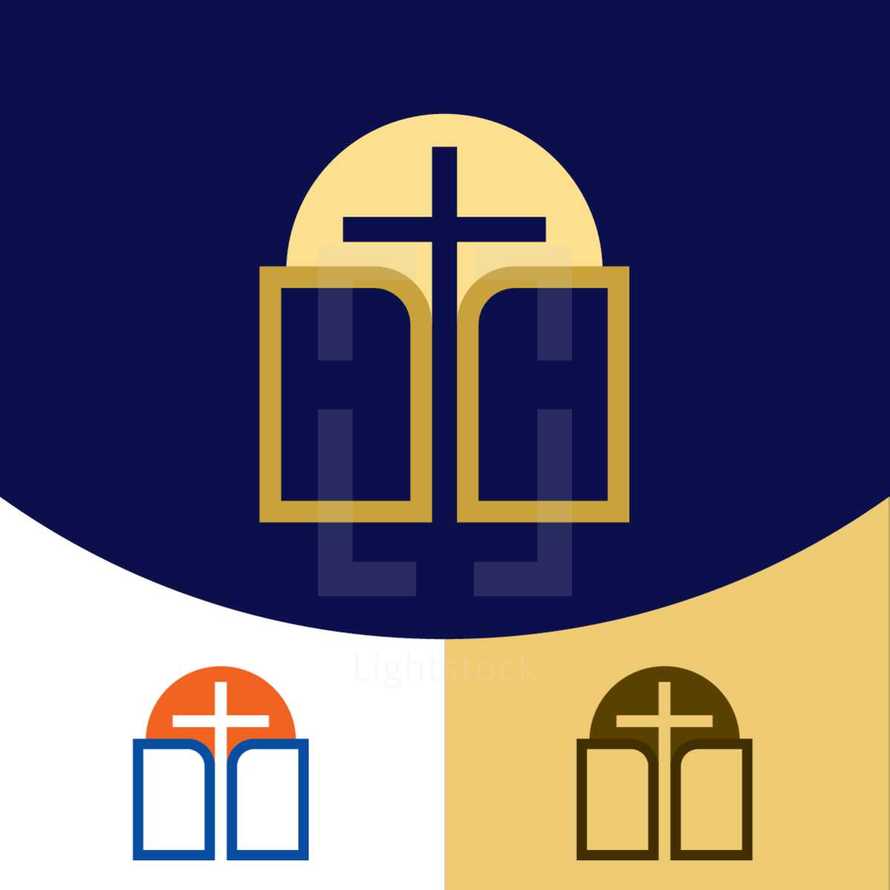cross, Bible, and sun logo 
