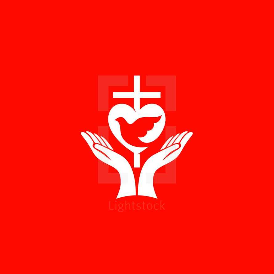 raised hands with heart, dove, and cross